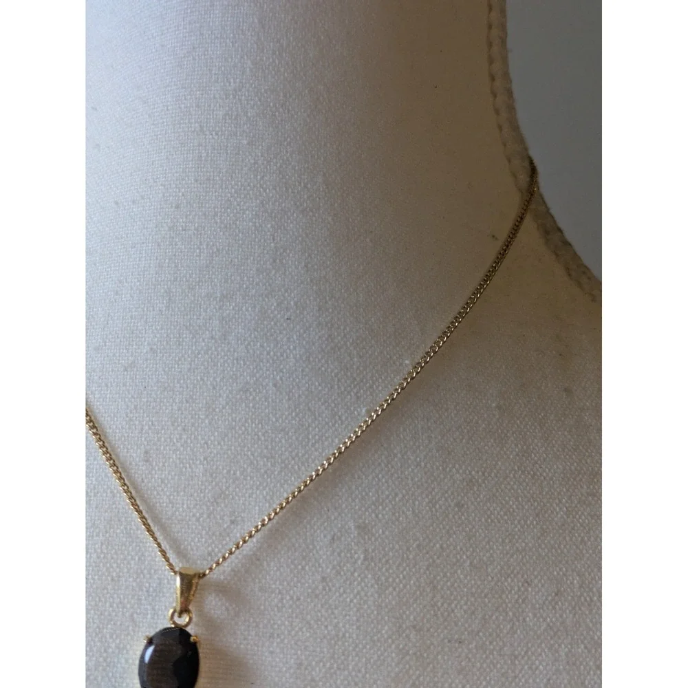 Dainty Pendant Necklace Gold Tone & Dark Smoky Brown Classic Everyday Wear 14